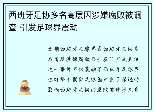西班牙足协多名高层因涉嫌腐败被调查 引发足球界震动 西班牙足协多名高层因涉嫌腐败被调查 引发足球界震动